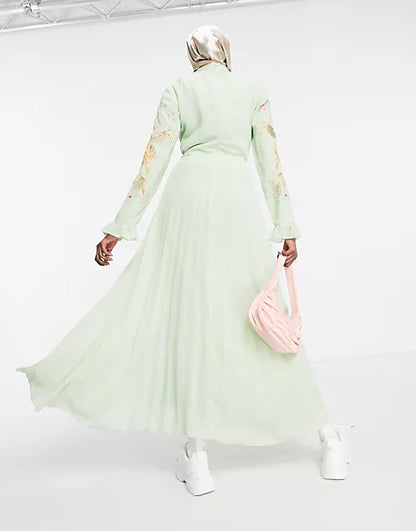 ASOS GREEN EMBROIDERED MAXI PLEATED DRESS SIZE UK 6