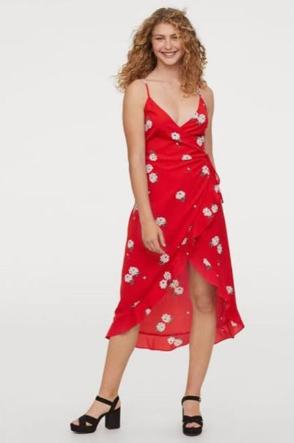 RED FLORAL WRAP MIDI DRESS SIZE UK 8