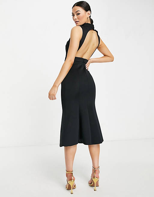 ASOS BLACK SCUBA FLUTE HEM MIDI DRESS SIZE UK 8