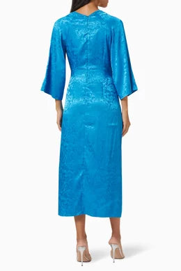 BLUE JACQUARD FLORAL MIDI DRESS SIZE UK 8