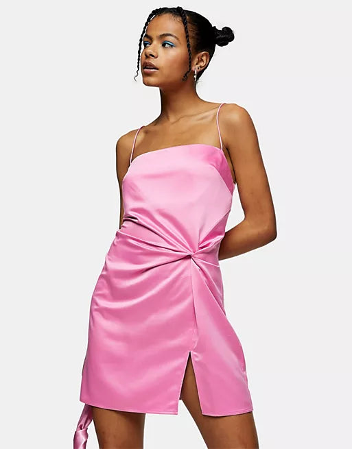 PINK SATIN TWIST DRESS SIZE UK 12