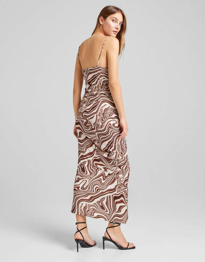 BROWN MARBLE PRINT MIDI DRESS SIZE UK 10