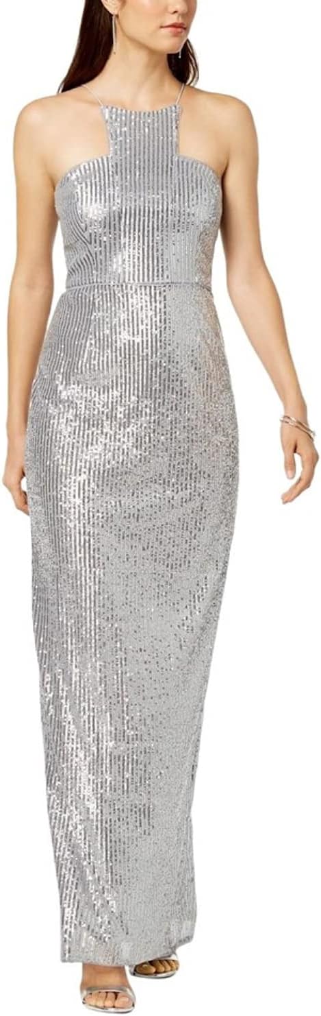 ADRIANNA PAPELL SILVER SEQUIN MAXI GOWN SIZE UK 14