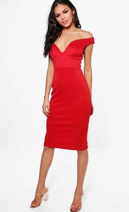 RED BARDOT MIDI DRESS SIZE UK 8