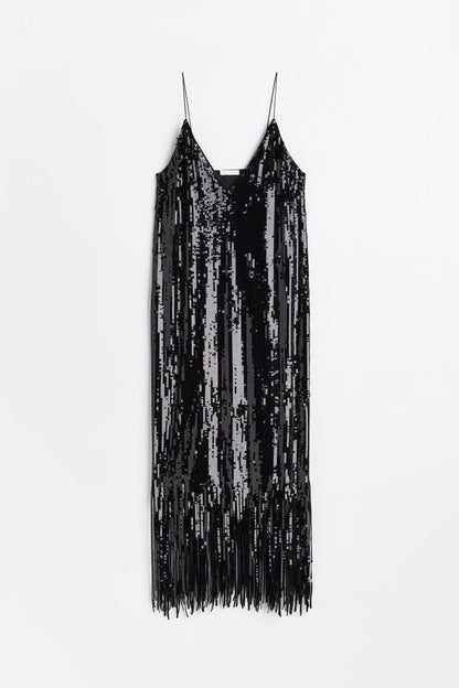 BLACK SEQUIN FRINGE DRESS SIZE UK 8