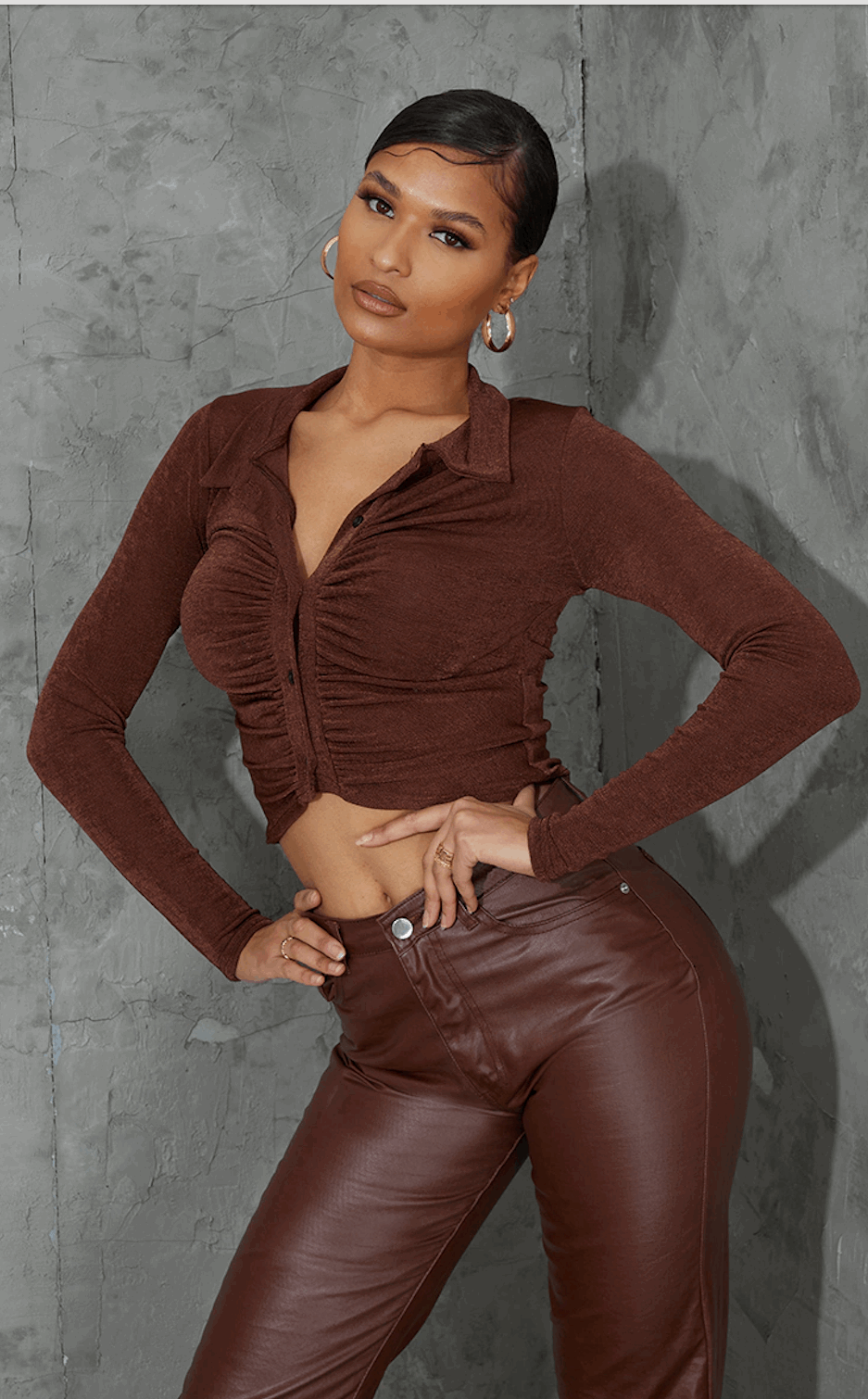 PLT BROWN SLINKY CROP SHIRT SIZE UK 14