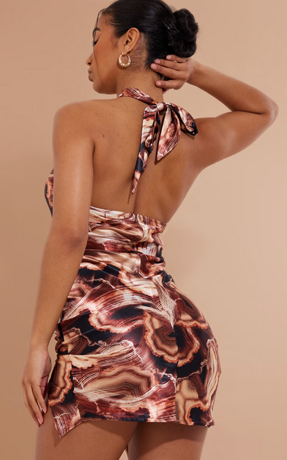 PLT BROWN MARBLE SATIN CUT OUT DRESS SIZE UK 6