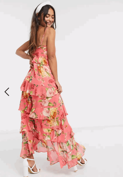 PINK FLORAL TIERED MAXI DRESS SIZE UK 4