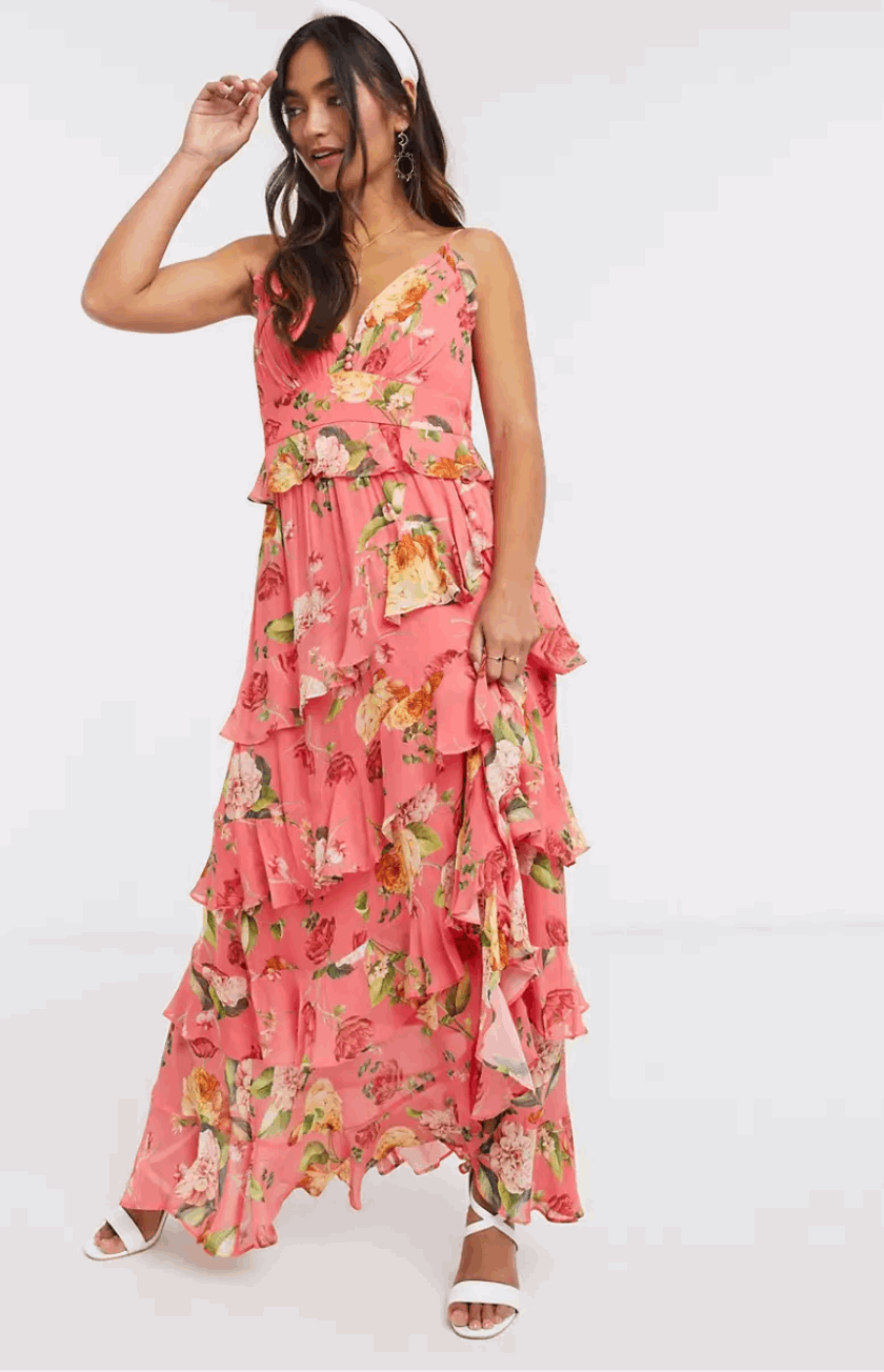 PINK FLORAL TIERED MAXI DRESS SIZE UK 4