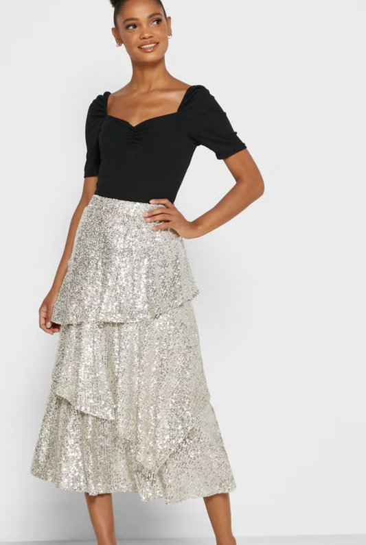 SILVER SEQUIN TIERED SKIRT SIZE UK 6