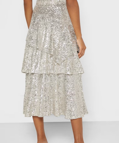 SILVER SEQUIN TIERED SKIRT SIZE UK 6