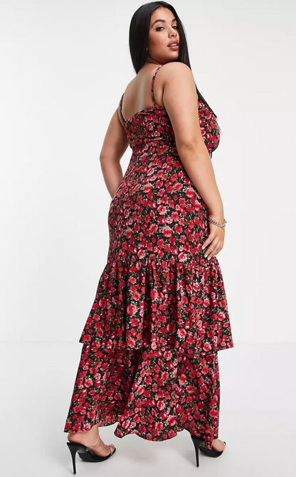 RED FLORAL TIERED MAXI DRESS SIZE UK 8