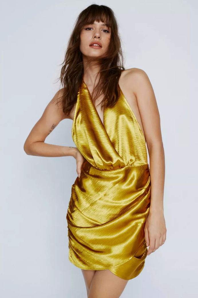 MUSTARD GOLD SATIN HALTER DRESS SIZE UK 8