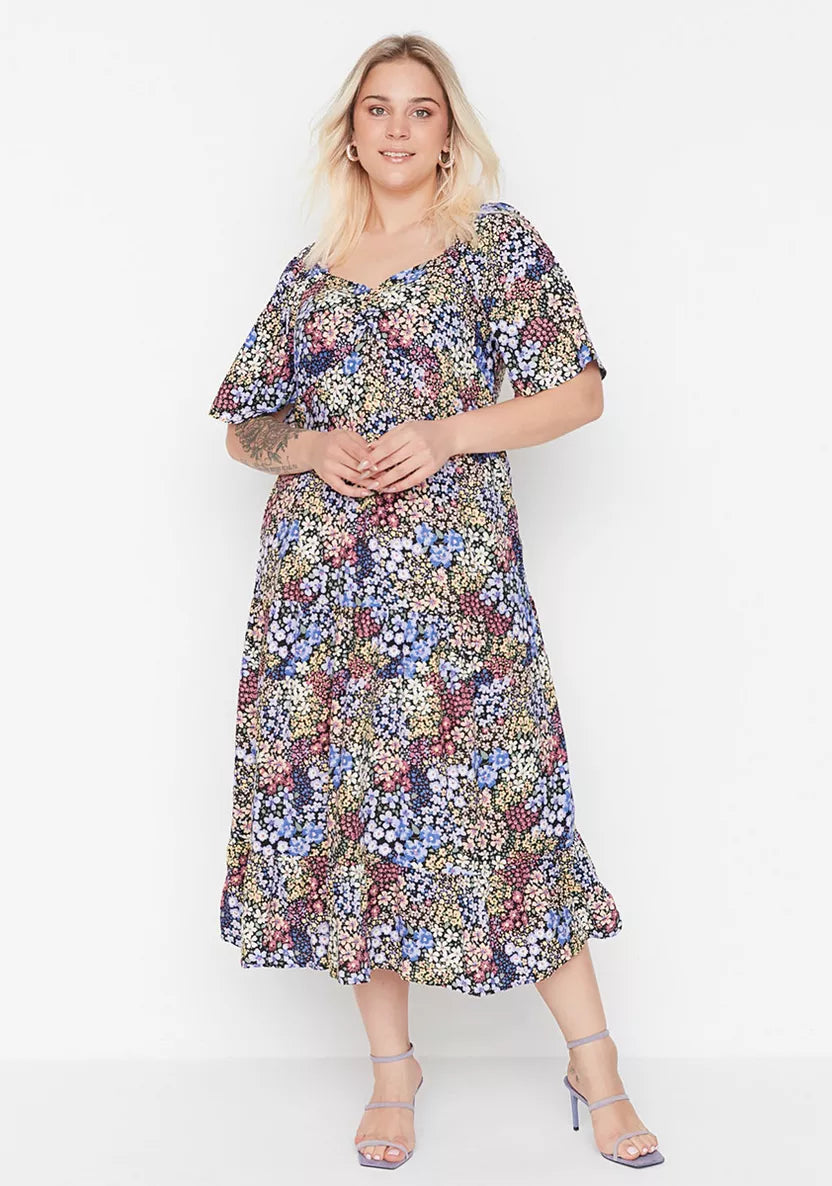 PURPLE FLORAL MIDI DRESS SIZE UK 6