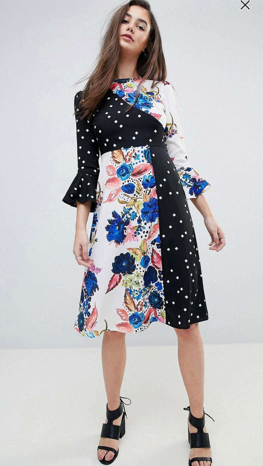 ASOS BLACK POLKA & FLORAL PATCH WORK MIDI DRESS SIZE UK 12 - NOTHING TO WEAR | NEW & PRE-LOVED FASHION | UAE