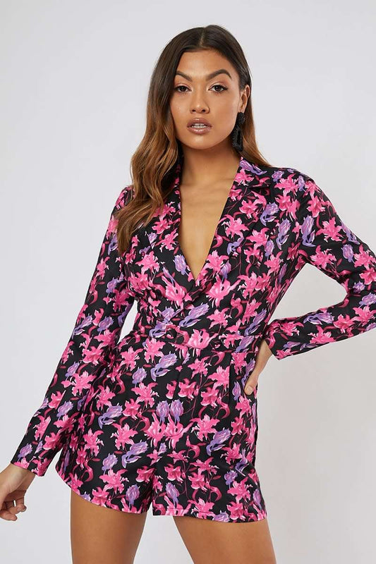 BLACK PINK/PURPLE FLORAL BACKLESS PLAYSUIT SIZE UK 8 - NOTHING TO WEAR | NEW & PRE-LOVED FASHION | UAE