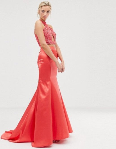 BRIGHT CORAL RED SATIN MAXI TRAIN SKIRT SIZE UK 6