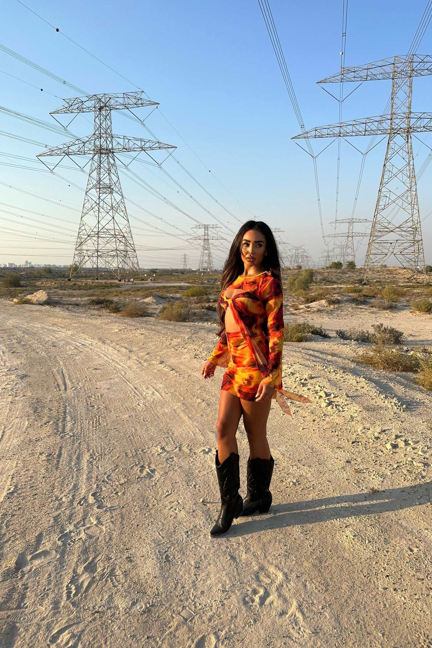 ORANGE TIE DYE MESH CUT OUT DRESS