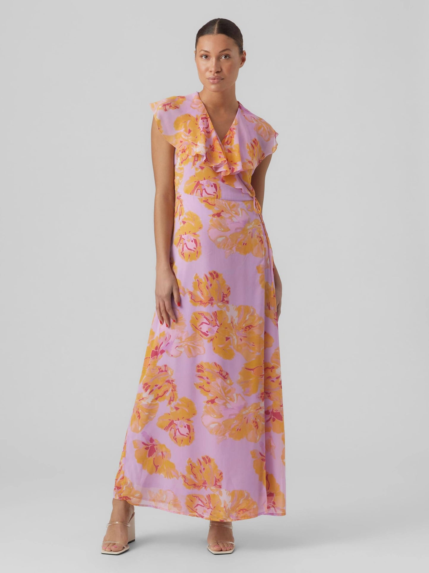 LILAC/ORANGE FLORAL RUFFLE MAXI DRESS SIZE UK 8