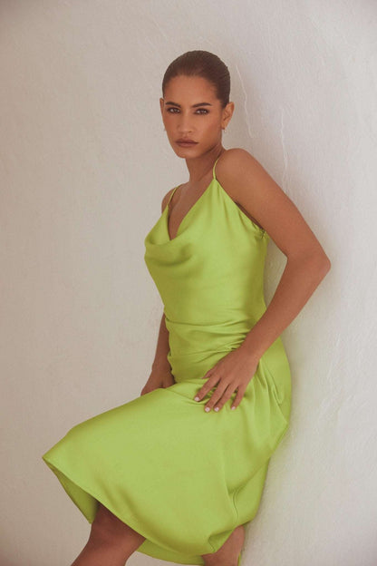 LIME GREEN SATIN COWL NECK MIDI DRESS SIZE UK 10 - NOTHING TO WEAR | NEW & PRE-LOVED FASHION | UAE