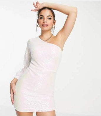 WHITE PINK SEQUIN ONE SHOULDER SEQUIN DRESS SIZE UK 10