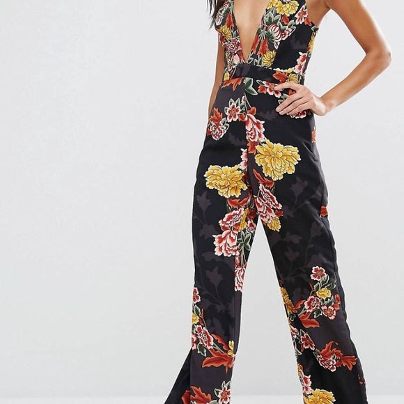 BLACK FLORAL JUMPSUIT SIZE UK 12