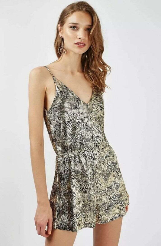 METALLIC LEAF PRINT PLAYSUIT SIZE UK 8 - NOTHING TO WEAR | NEW & PRE-LOVED FASHION | UAE