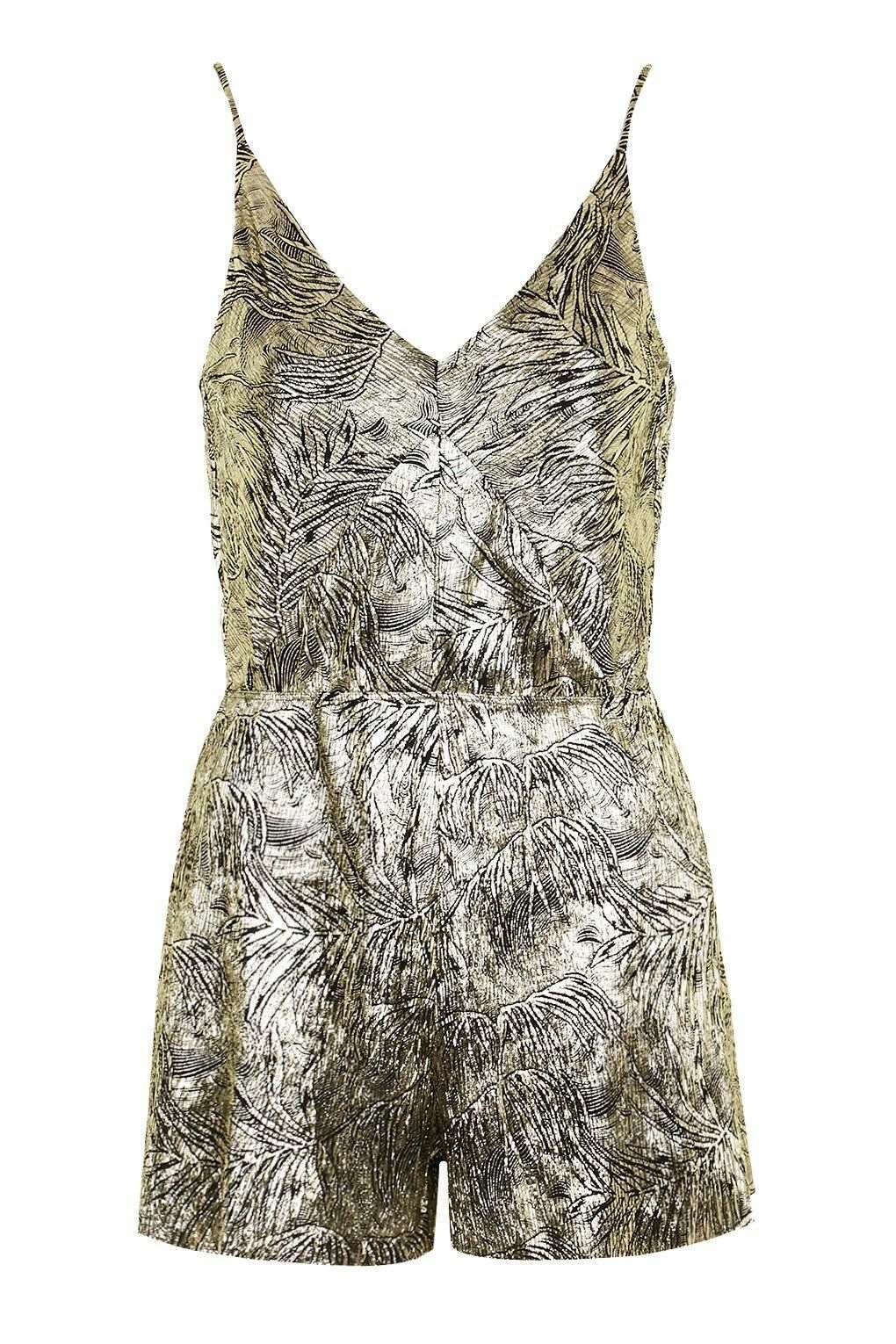 METALLIC LEAF PRINT PLAYSUIT SIZE UK 8 - NOTHING TO WEAR | NEW & PRE-LOVED FASHION | UAE