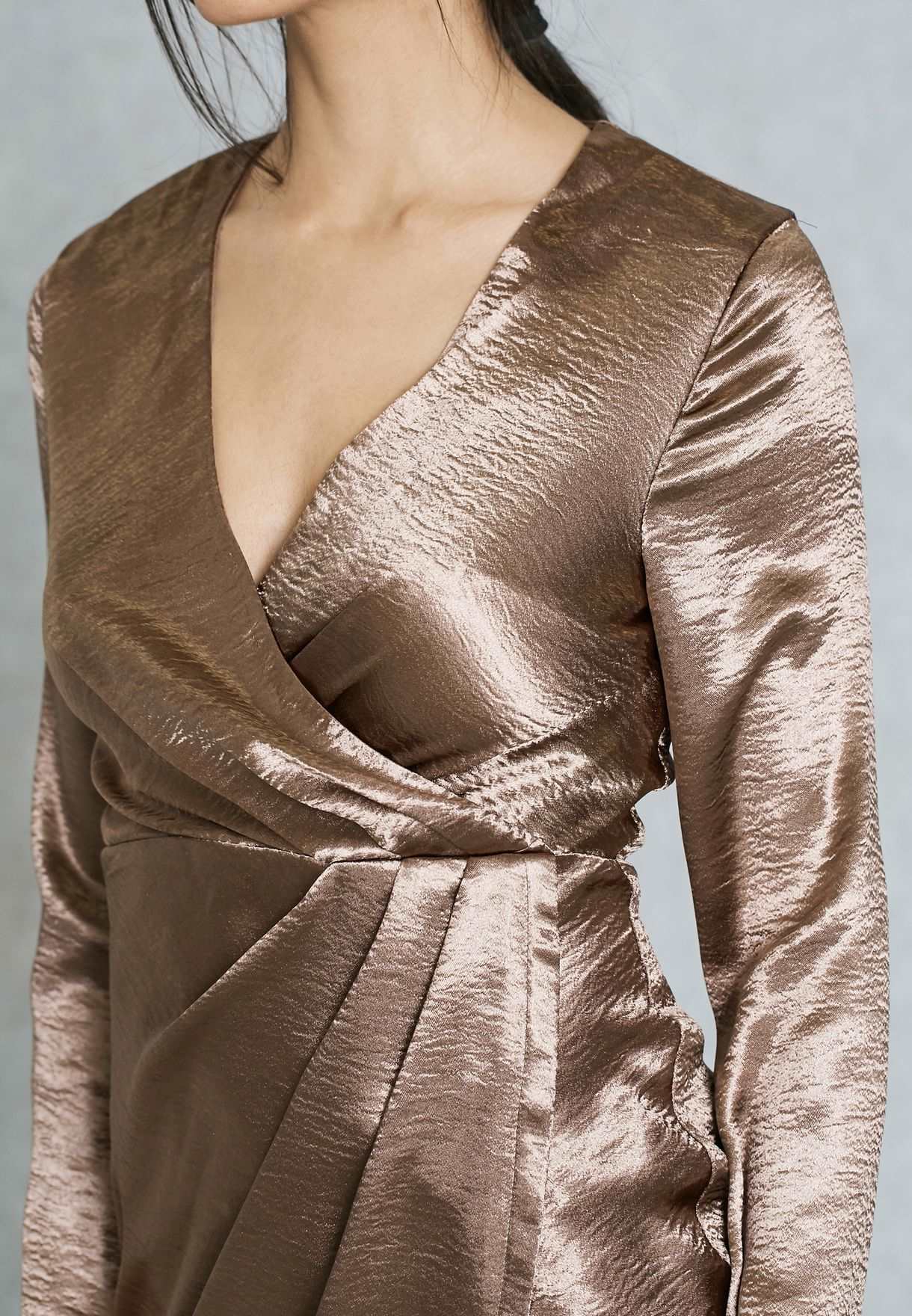 MISSGUIDED BRONZE SILKY WRAP STYLE DRESS SIZE UK 8 - NOTHING TO WEAR | NEW & PRE-LOVED FASHION | UAE