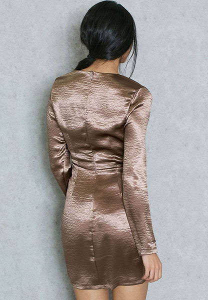 MISSGUIDED BRONZE SILKY WRAP STYLE DRESS SIZE UK 8 - NOTHING TO WEAR | NEW & PRE-LOVED FASHION | UAE