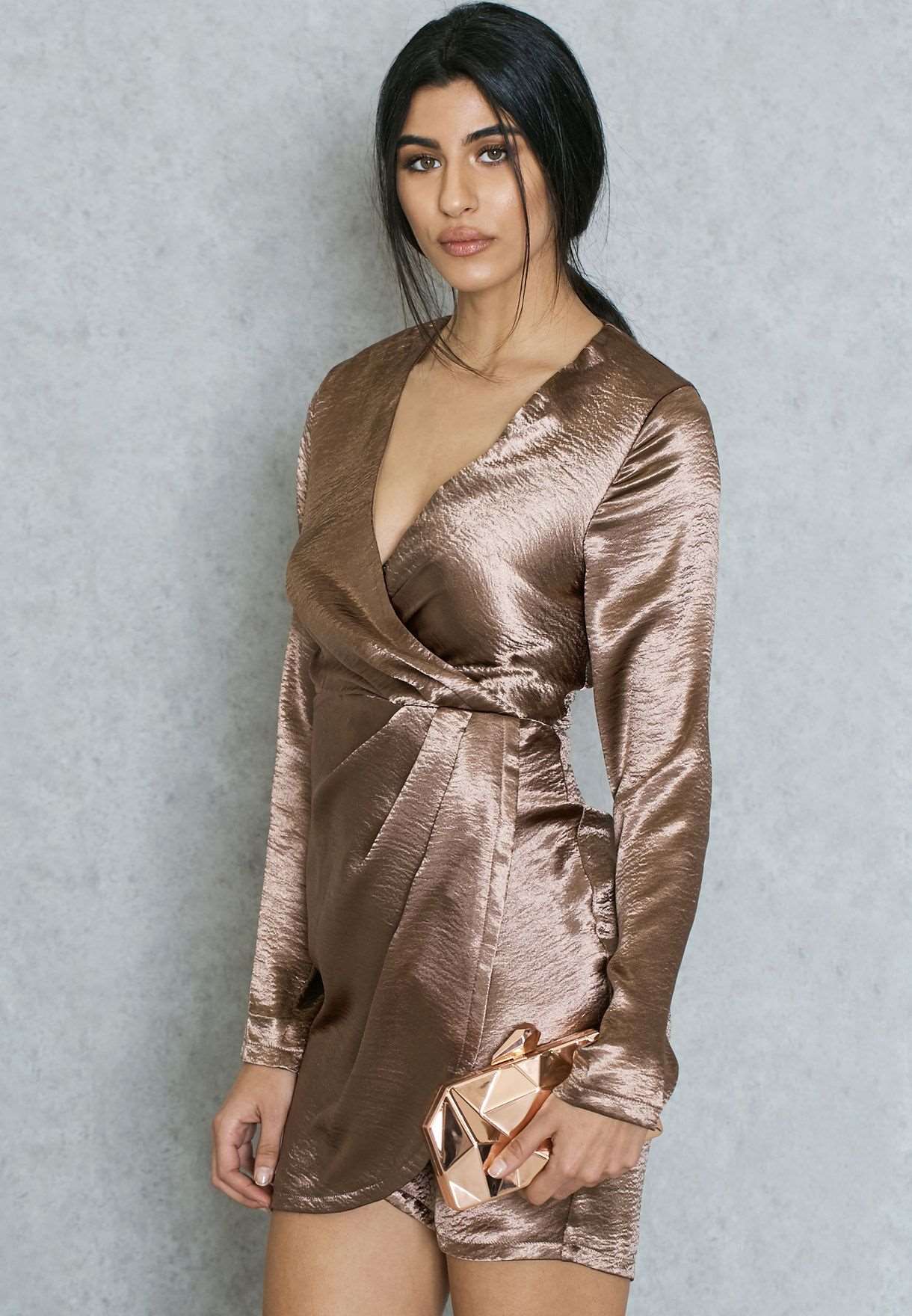 MISSGUIDED BRONZE SILKY WRAP STYLE DRESS SIZE UK 8 - NOTHING TO WEAR | NEW & PRE-LOVED FASHION | UAE