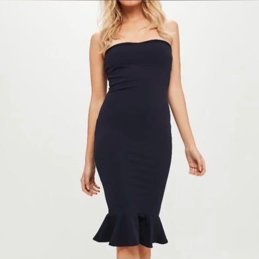 NAVY FRILL HEM MIDI DRESS SIZE UK 8