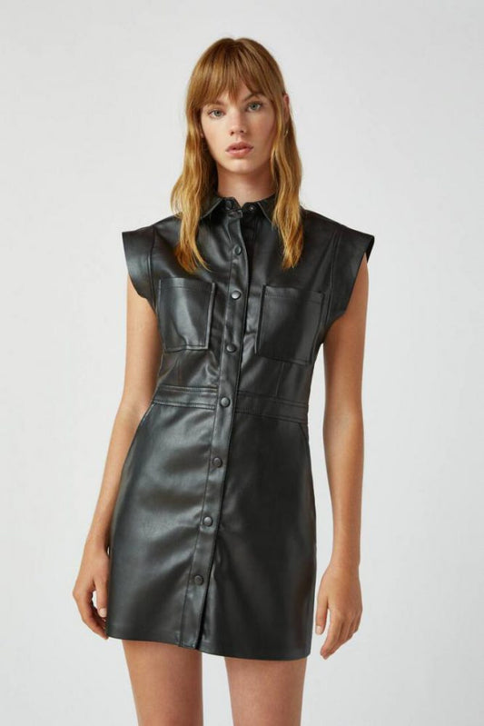 BLACK LEATHER SHIRT DRESS SIZE UK 6