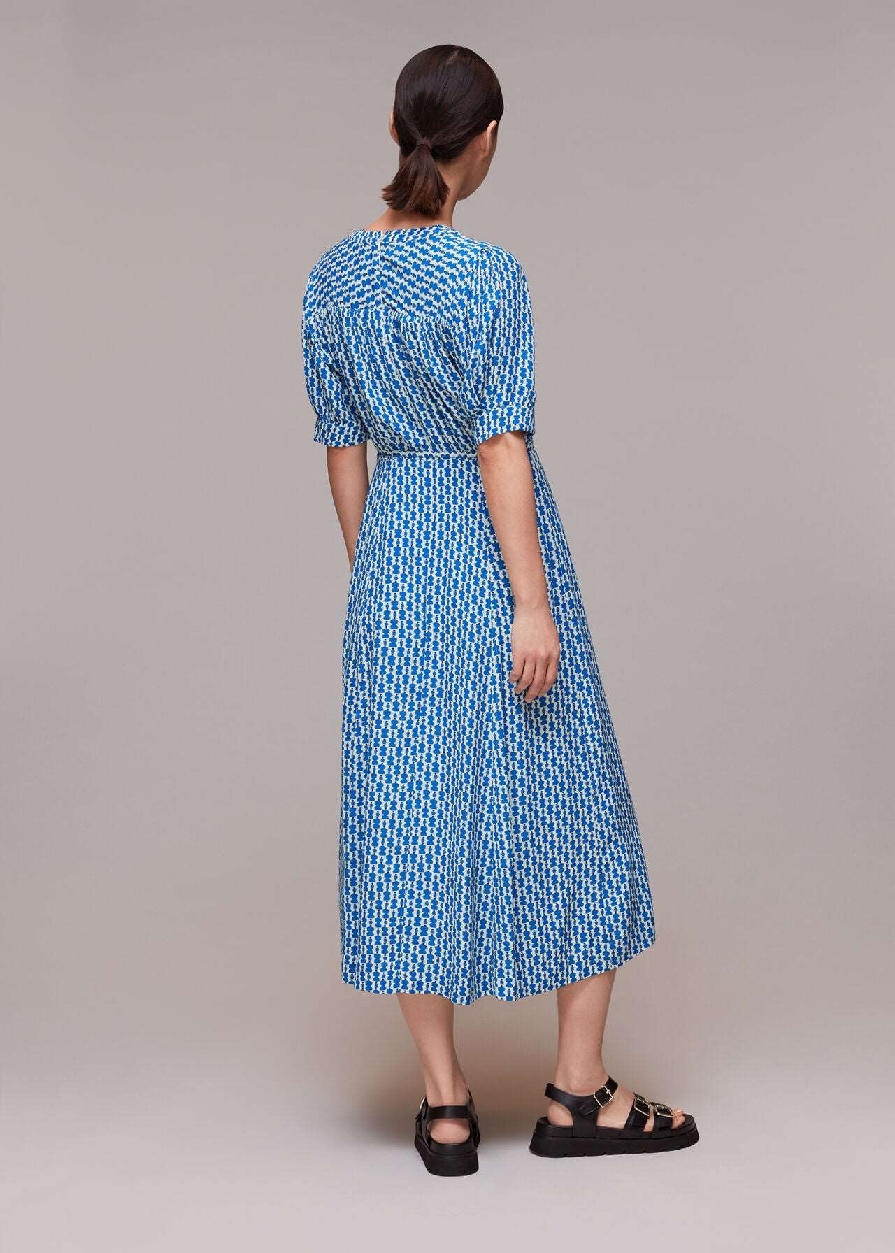 BLUE WHITE MIDI PATTERN DRESS SIZE UK 10