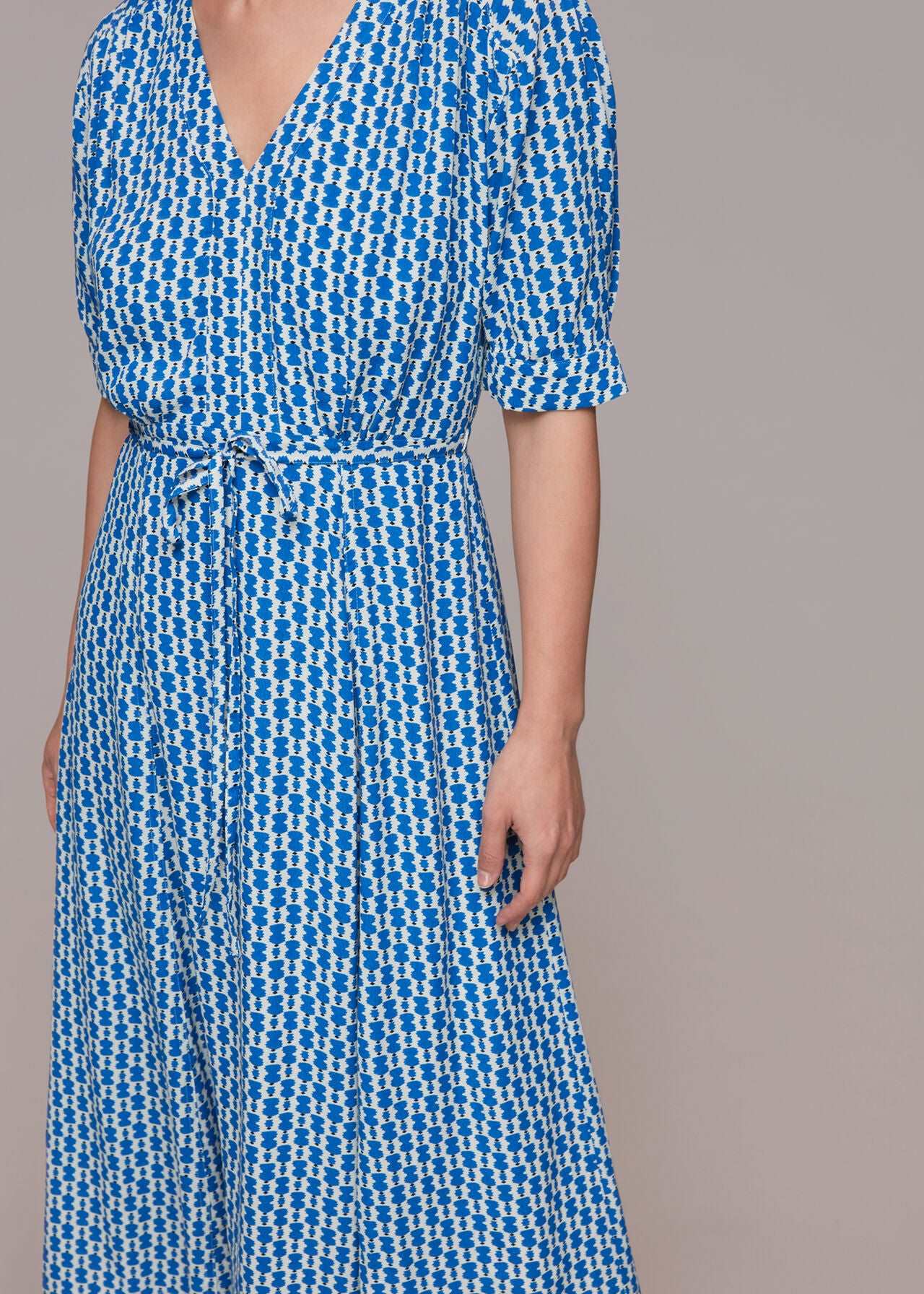 BLUE WHITE MIDI PATTERN DRESS SIZE UK 10