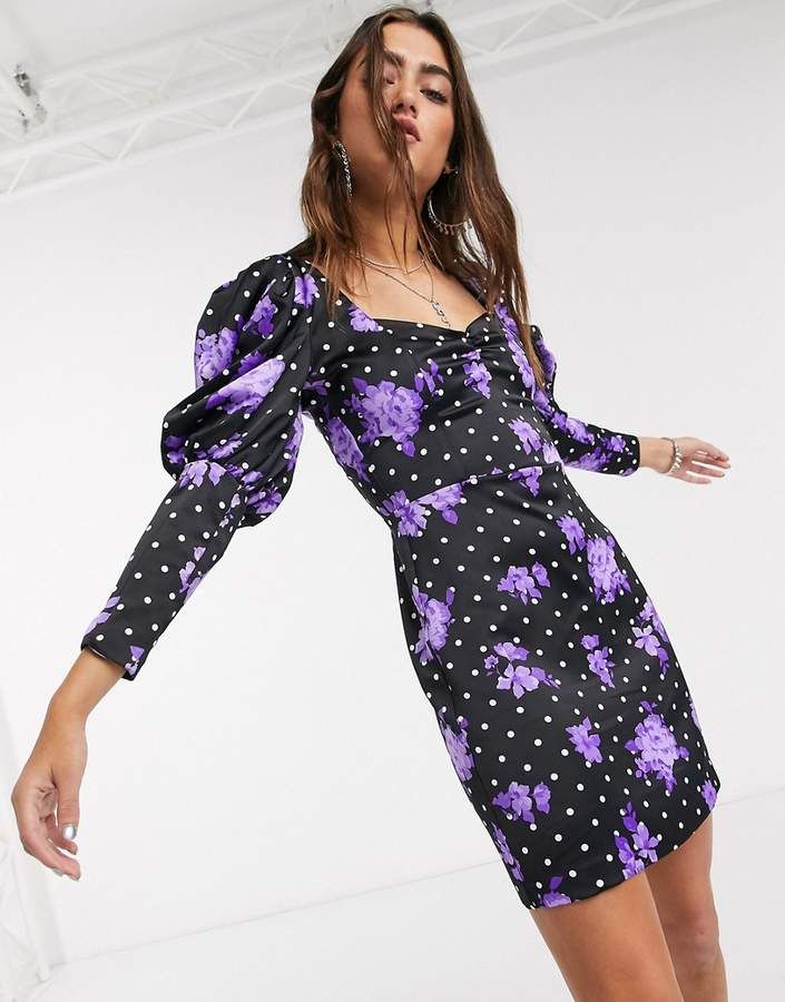 BLACK POLKA DOT PURPLE FLORAL DRESS SIZE UK 10 - NOTHING TO WEAR | NEW & PRE-LOVED FASHION | UAE