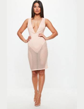 MISSGUIDED NUDE PINK FISHNET PLUNGE MIDI DRESS SIZE UK 10 - NOTHING TO WEAR | NEW & PRE-LOVED FASHION | UAE