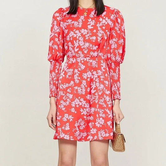NEVER FULLY DRESSED RED & PINK FLORAL SATIN DRESS SIZE UK 8 - NOTHING TO WEAR | NEW & PRE-LOVED FASHION | UAE