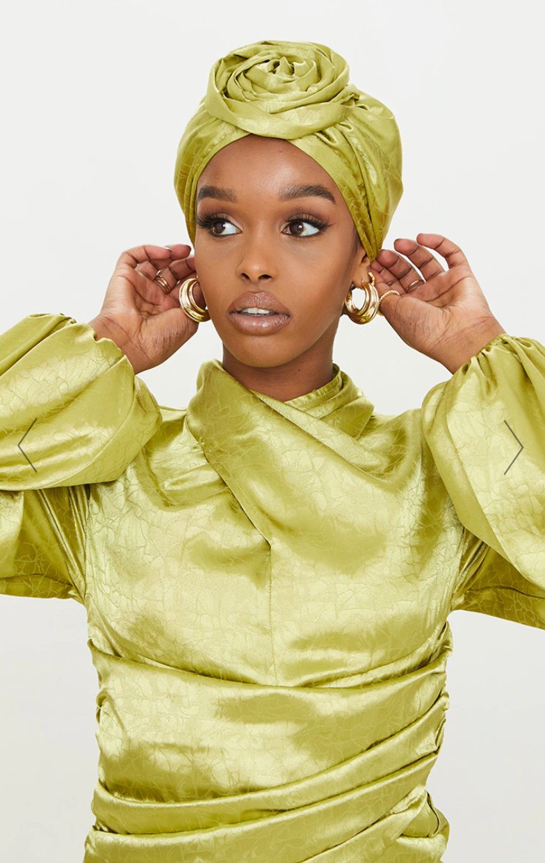 PLT SAGE GREEN SATIN JACQUARD KNOT FRONT HEAD SCARF - NOTHING TO WEAR | NEW & PRE-LOVED FASHION | UAE