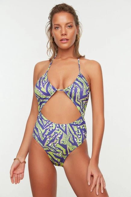 PURPLE & GREEN SWIMSUIT + BEACH SARONG SIZE UK 14 - NOTHING TO WEAR | NEW & PRE-LOVED FASHION | UAE