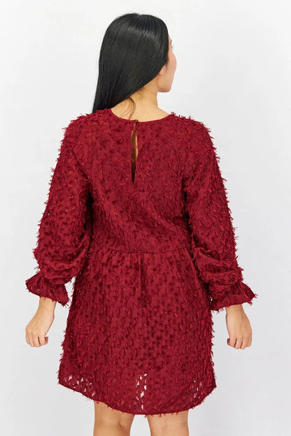 RED BURGUNDY TEXTURED SMOCK DRESS SIZE UK 6-8 - NOTHING TO WEAR | NEW & PRE-LOVED FASHION | UAE