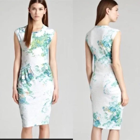 REISS WHITE/GREEN WATERCOLOUR BODYCON DRESS SIZE UK 8 - NOTHING TO WEAR | NEW & PRE-LOVED FASHION | UAE