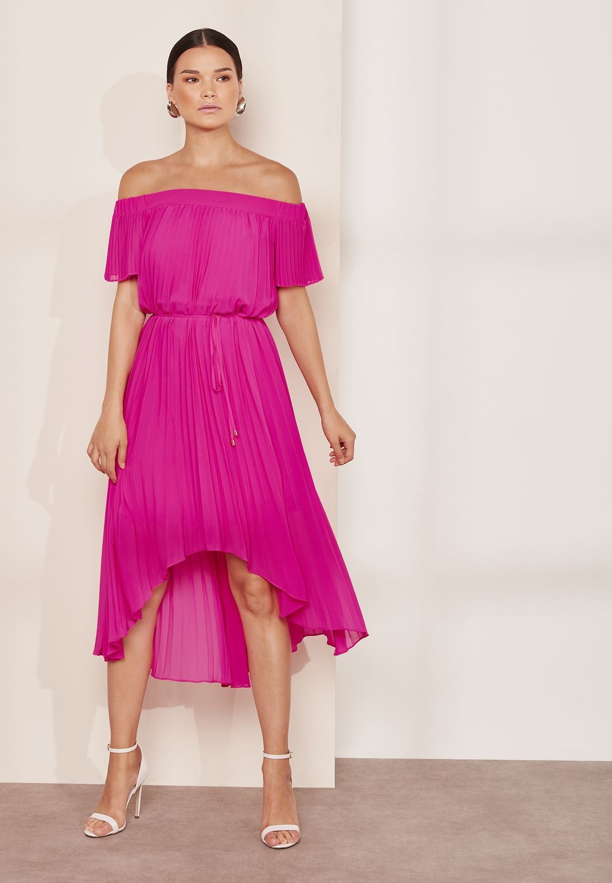 TED BAKER HOT PINK PLEATED BARDOT MIDI DRESS SIZE UK 8 - NOTHING TO WEAR | NEW & PRE-LOVED FASHION | UAE