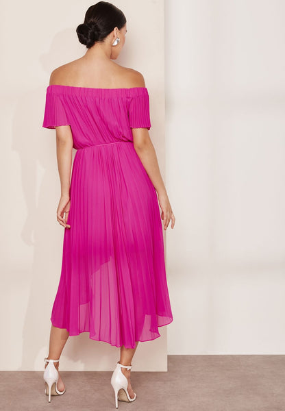 TED BAKER HOT PINK PLEATED BARDOT MIDI DRESS SIZE UK 8 - NOTHING TO WEAR | NEW & PRE-LOVED FASHION | UAE