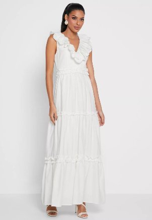 WHITE RUFFLE TIERED DRESS SIZE UK 6 - NOTHING TO WEAR | NEW & PRE-LOVED FASHION | UAE
