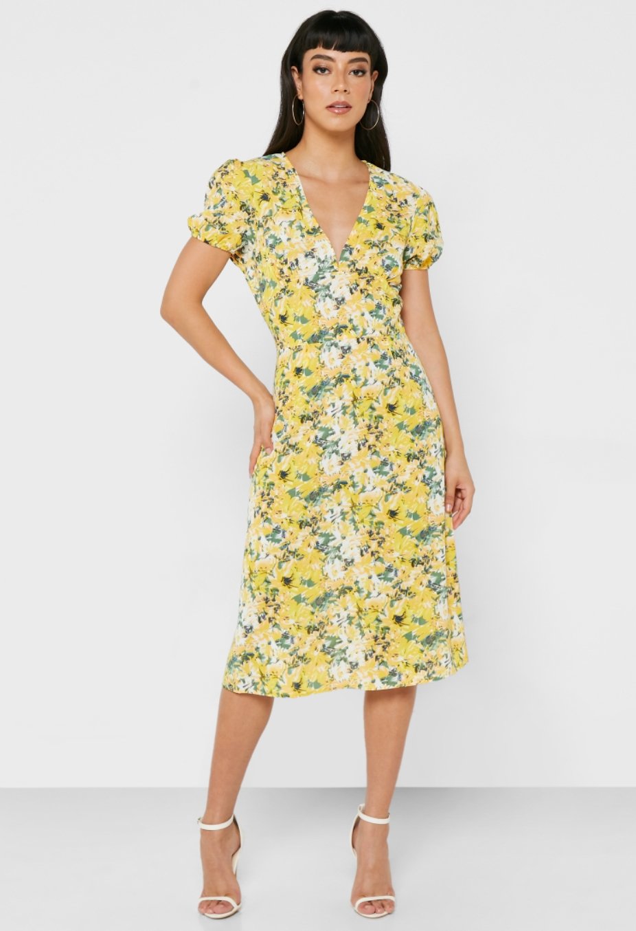 YELLOW FLORAL MIDI DRESS SIZE UK 10 - NOTHING TO WEAR | NEW & PRE-LOVED FASHION | UAE
